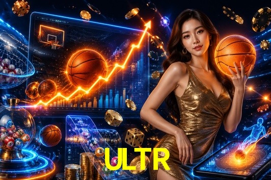 Una escena digital vívida inspirada en casino con ULTR mostrado prominentemente, luces brillantes, fichas, cartas y acentos dorados.
