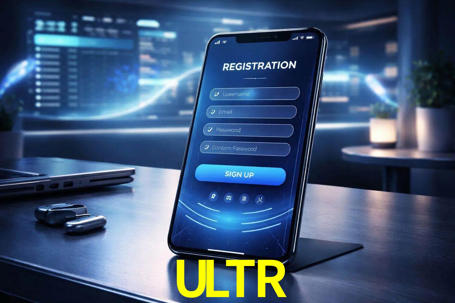 Una interfaz moderna de registro móvil para ULTR mostrada en un smartphone con un panel de apuestas elegante.